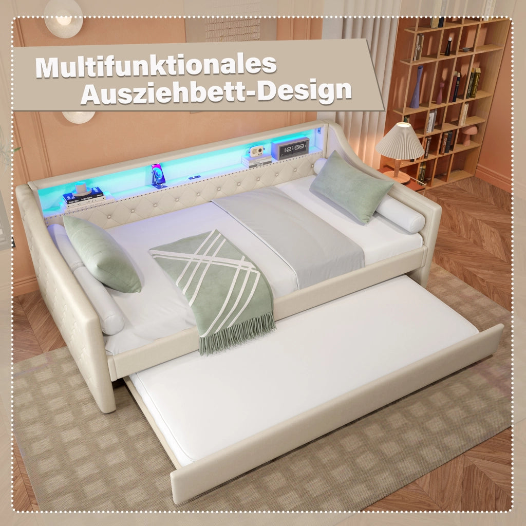 OKWISH Letto a Divano 90×200 cm, Letto Singolo con LED Regolabile, USB, Letto Estraibile 90×190 cm e Controllo App, senza Materasso, Beige