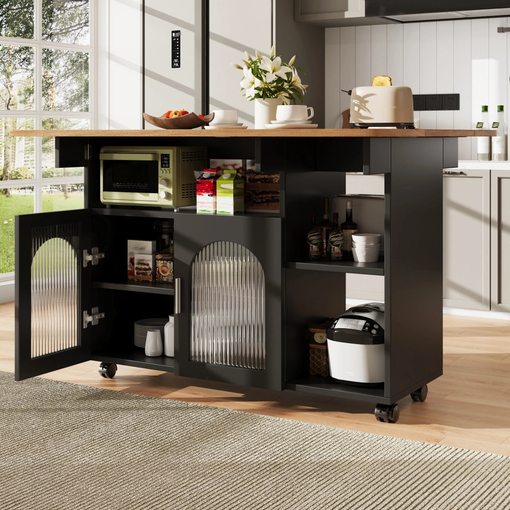 Carrello da Cucina con 2 Ante; 3 Vani; Piano Ribaltabile e Ruote; in MDF e Vetro; 120 x 30 x 79.5 cm; Nero e Naturale
