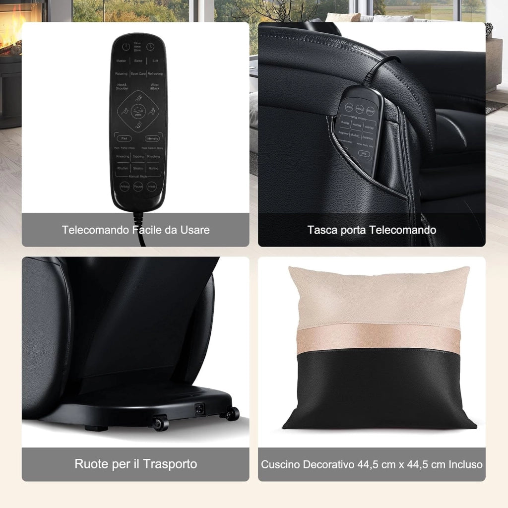 Poltrona Massaggiante Elettrica Shiatsu 8 Modalità, Poltrona Reclinabile con Riscaldatore Schienale, Rilevamento Automatico Spalle, Controllo Remoto, Ruote e Cuscino (Nero)