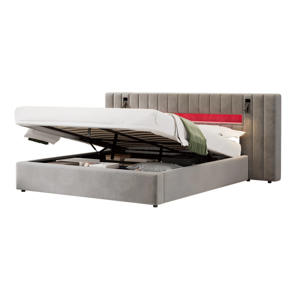 OKWISH Letto Contenitore 180×200 cm, Letto Matrimoniale con USB A e USB C, LED Regolabile e Lampada da Lettura, senza Materasso, in Velluto, Grigio