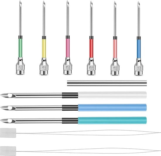 Set di 12 punteruole - Con 3 manici metallici - 1 manico metallico - 6 punteruole di riserva - 2 punteruoli per infilare - Per il fai da te cucito e ricamo