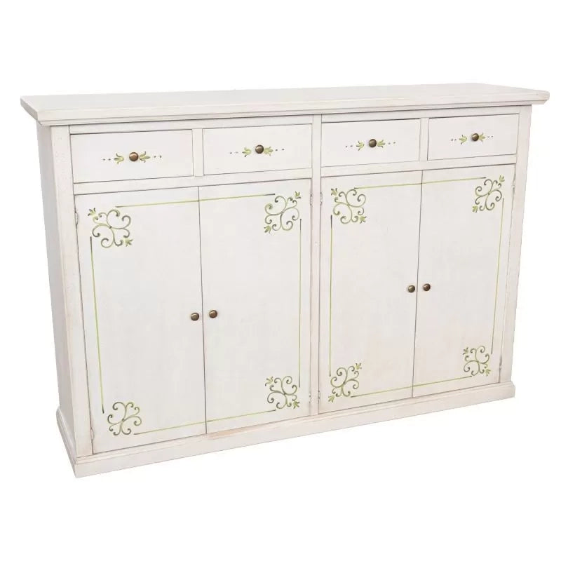 Madia credenza legno 4 porte shabby bianco anticato decoro filo verde 160x40x110 - Mobili 2G