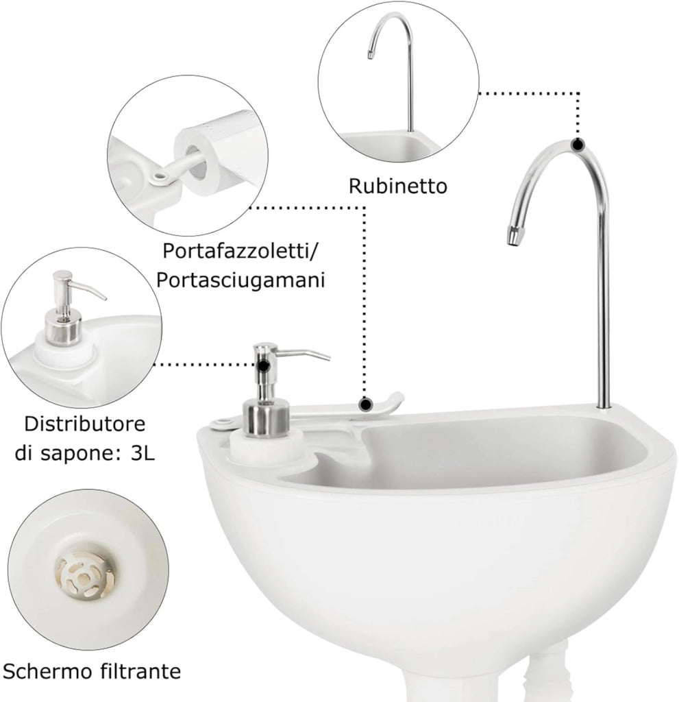 Lavandino da Campeggio con Pompa a Pedale, Lavandino Portatile con Serbatoio d'Acqua da 17L, Dispenser Sapone, Portasciugamani e Ruote (50 x 34 x 102cm)
