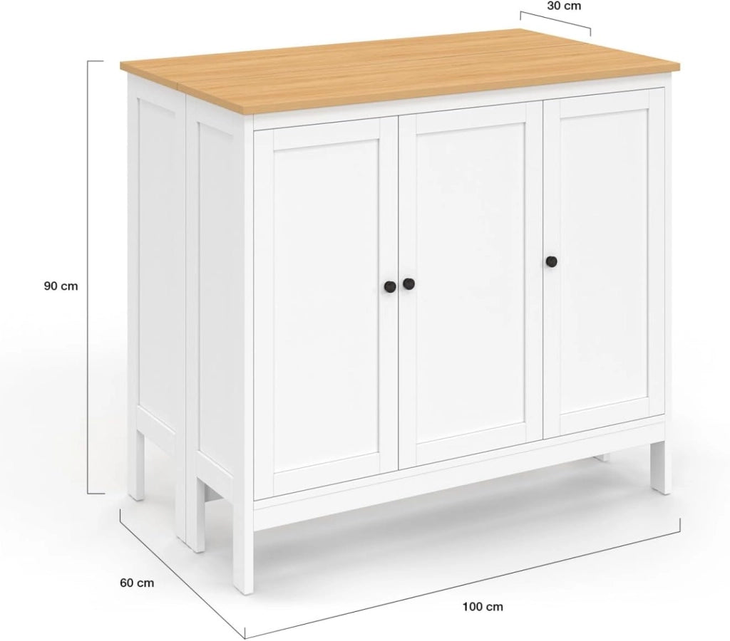 Tavolo bar ad isola Achille e 2 sgabelli in legno bianco con piano in faggio
