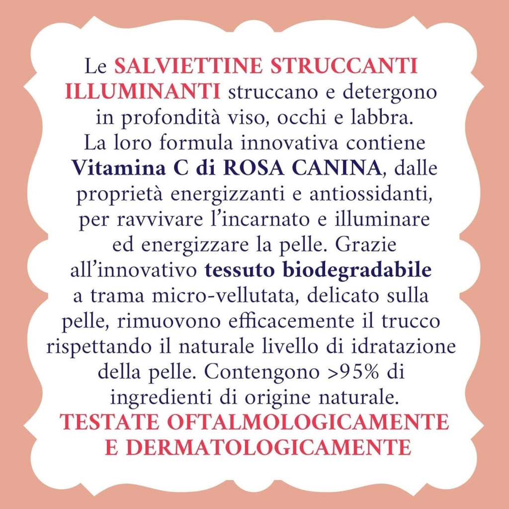 ACQUA ALLE ROSE SET 6 PACCHI DI SALVIETTINE STRUCCANTI ILLUMINANTI VITAMINA C DI ROSA CANINA VISO OCCHI E LABBRA 120 SALVIETTE