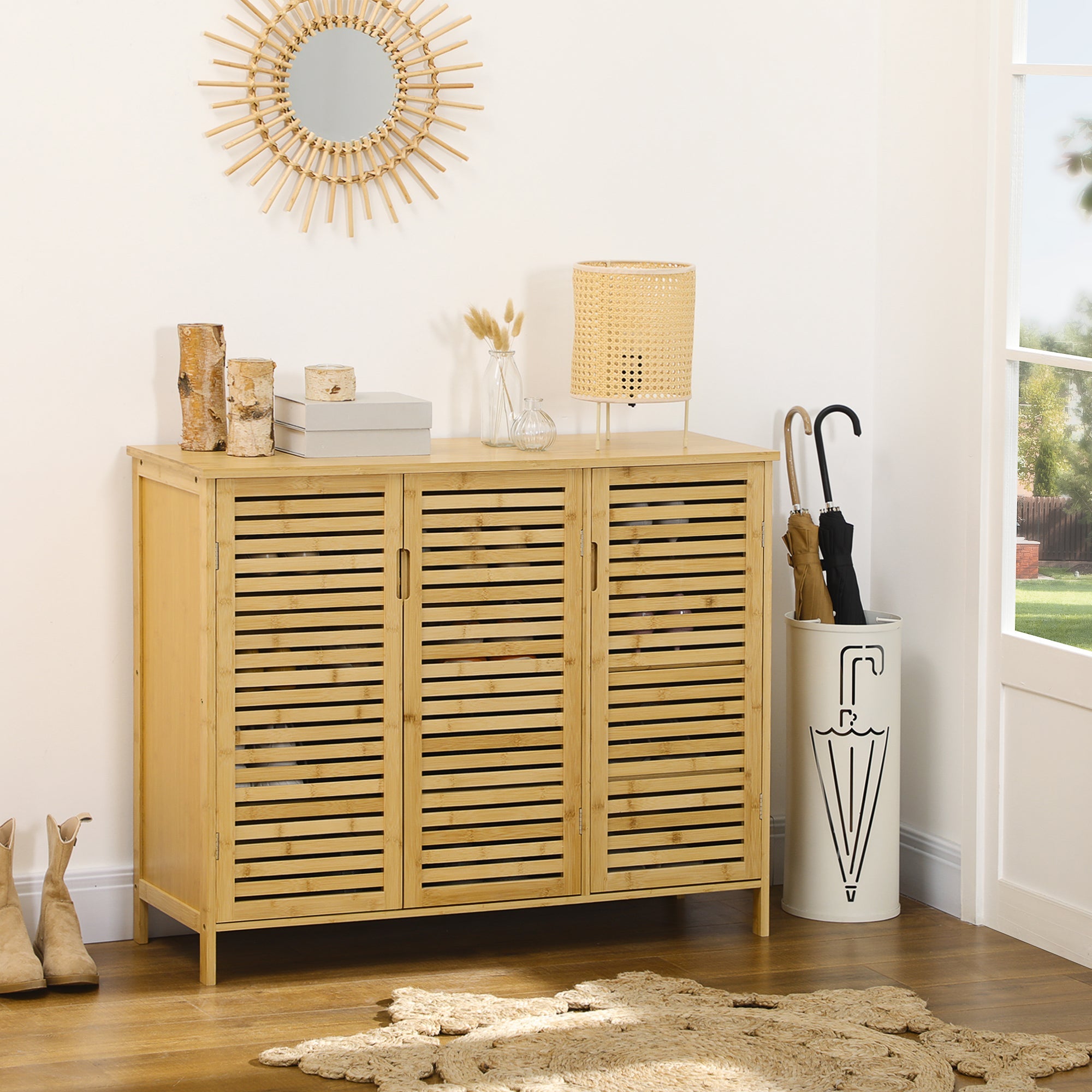 Mobile Scarpiera a 8 Ripiani su 3 Livelli con Maniglie 100x35x80 cm in Bambù