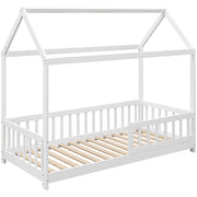 Letto a Casetta per Bambini con Doghe e Recinzione ¨C Zephmum ¨C Legno di Pino, Bianco, 96x195x165 cm