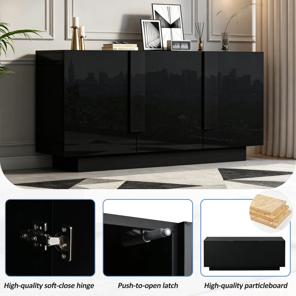 Credenza lucida, mobile da ingresso a 3 ante, ripiani regolabili, in truciolato, nero