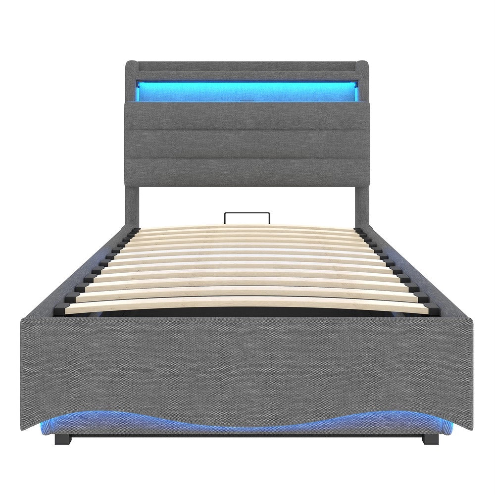 Letto Imbottito Contenitore con LED ¨C MINIMAL ¨C Tessuto Grigio, 90x200, Idraulico