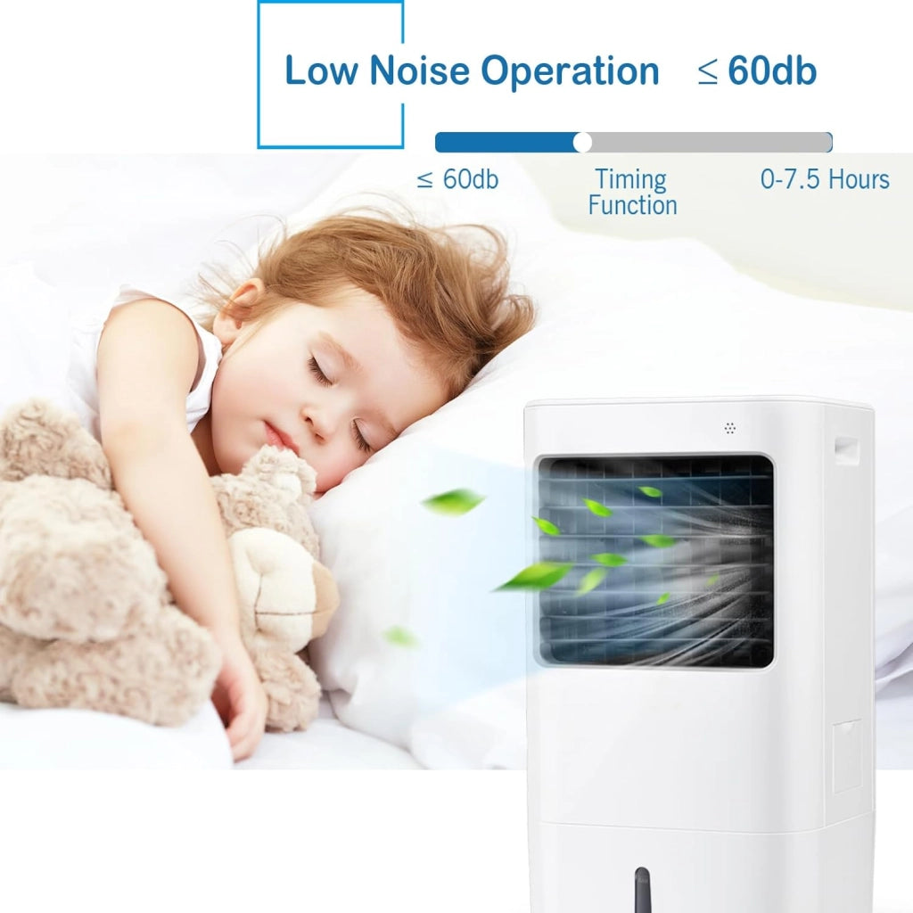 Ventilatore Condizionatore Portatile 65W, Raffreddatore d'Aria 3 in 1, Air Cooler & Ventilatore & Umidificatore, con Telecomando, 4 Velocità Regolabili, Timer 7,5H, Serbatoio d'Acqua 20L