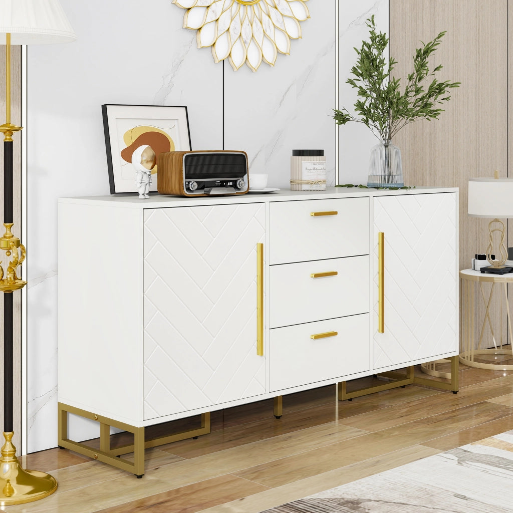 Credenza con Motivo a Spina di Pesce ¨C MINIMAL ¨C Bianco, 2 Ante, 3 Cassetti
