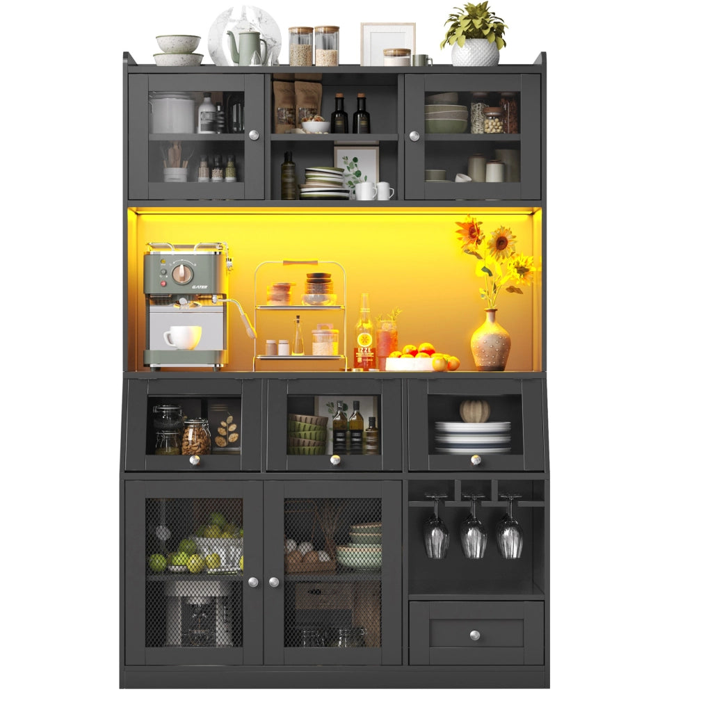 Mobile da cucina multifunzionale 120x40x181,7 cm con LED, USB e ripiani regolabili, nero
