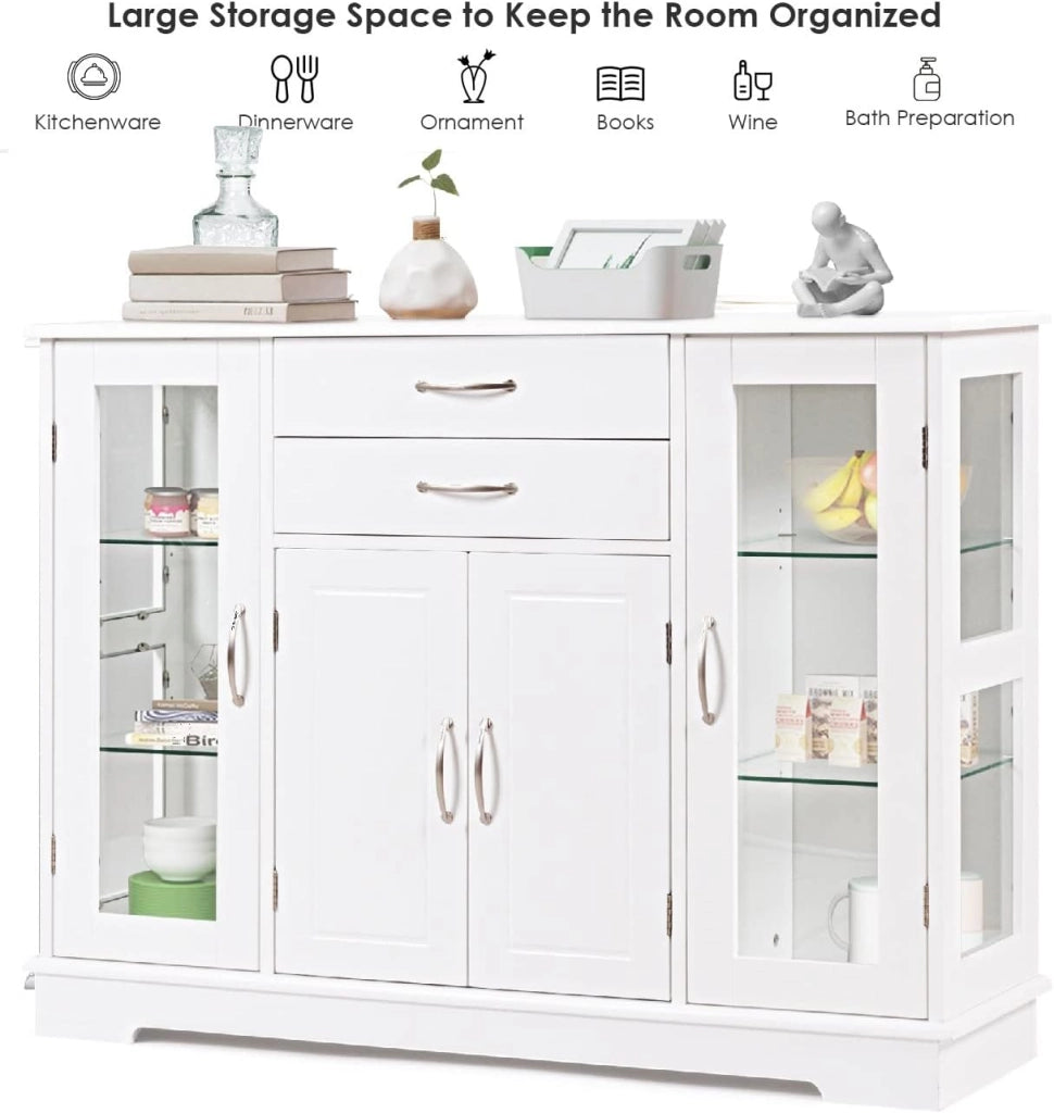 Credenza e Buffet a Ripiani, con 4 Ante e 2 Cassetti, Mensole Regolabili, Armadietto Laterale per Soggiorno, Sala da Pranzo, Cucina, 107 x 30 x 82 cm, Bianco