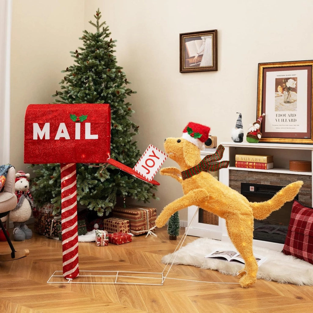 Decorazione natalizia, cassetta delle lettere con cane di Natale, 120 luci LED bianco caldo, telaio in metallo, picchetti, decorazione natalizia per interni ed esterni per giardino, soggiorno