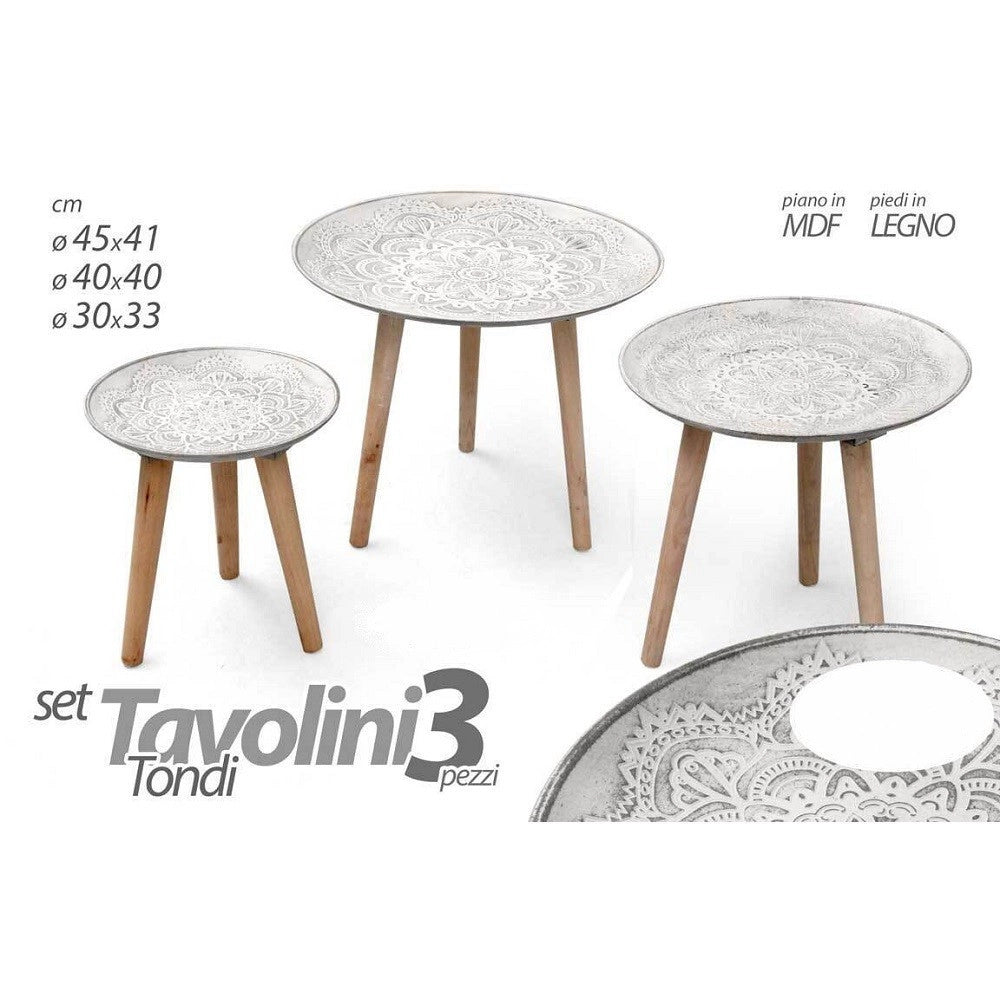 Trade Shop - Set 3 Tavolini Piedi In Legno Salotto Giardino Decorati ø45-40-30cm Tondi 783951 -