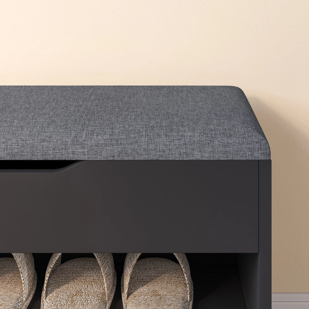 Panchina Portascarpe con Seduta Apribile (AxLaxP) 46 x 60 x 30 cm Panca da Ingresso/Corridoio Mobiletto con Seduta Imbottita, Contenitore e 2 Ripiani - Nero/Grigio