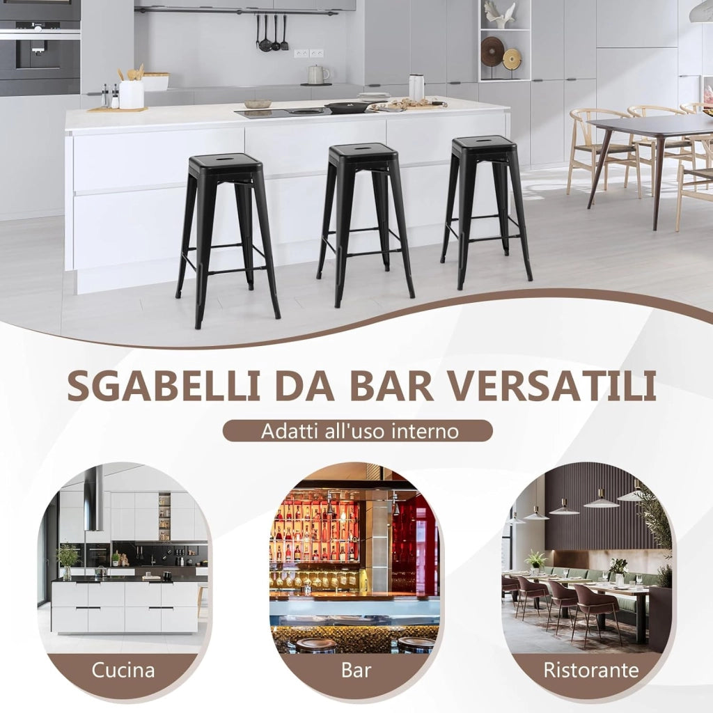 Set di 4 Sgabelli da Bar senza Schienale da 61/76 cm, Sgabelli in Metallo Impilabili con Poggiapiedi per Cucina, Sala da Pranzo e Bar (42 x 42 x 76 cm, Nero)