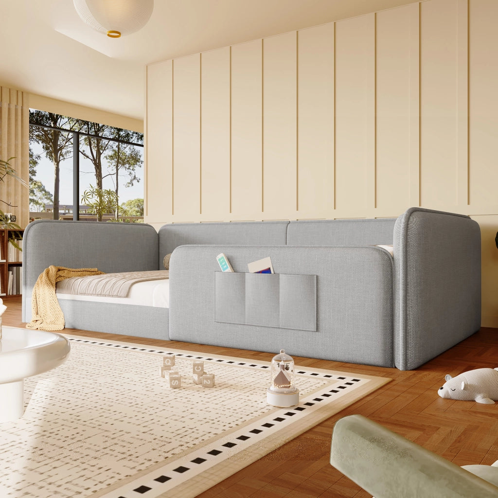 LETTO 90x200 cm in Lino Grigio con tasche laterali