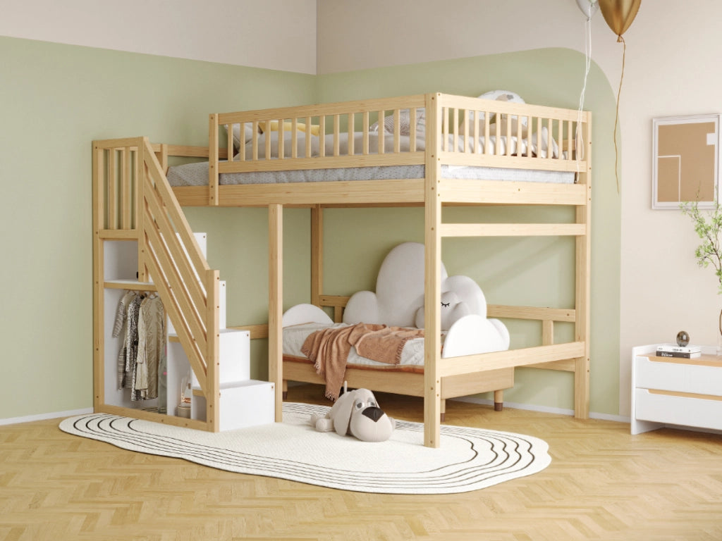 DESMIU Letto a soppalco 2 posti con scala contenitore e sponda alta, 140 × 200 cm, senza materasso