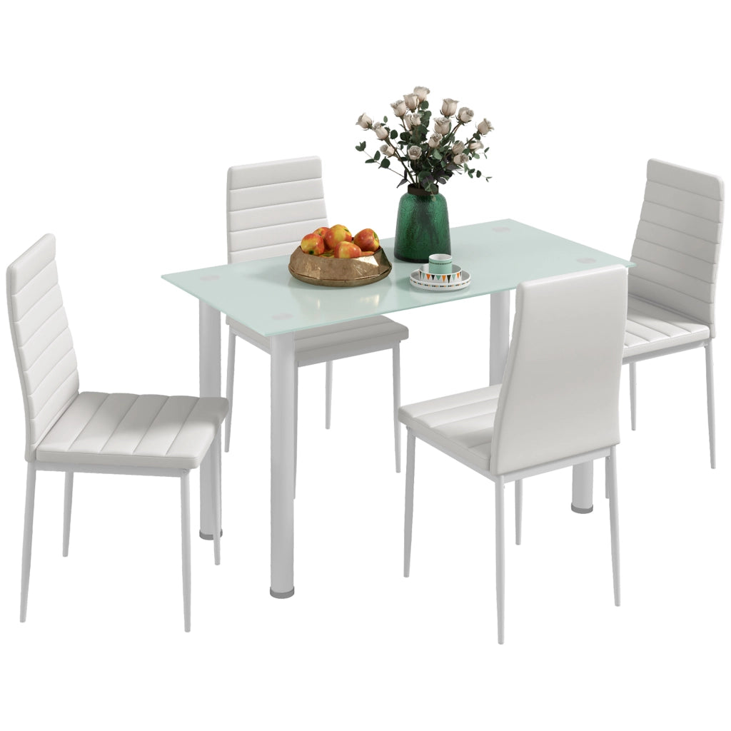 Tavolo da pranzo allungabile con 4 sedie ¨C zephmum ¨C piano in vetro temperato, gambe in acciaio, bianco