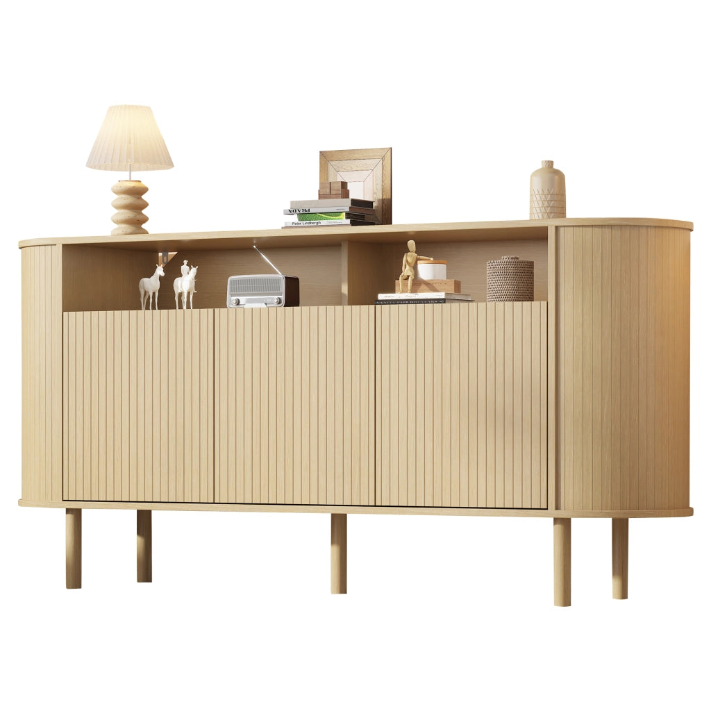 Credenza Sideboard 160 cm con 3 ante a onde, 2 vani aperti, struttura in truciolare e gambe in legno massello