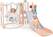 7 in 1 Parco Giochi per Bambini, Set di Scivolo e Altalena per Bambini con Canestro da Basket e Telescopio, 142 x 165 x 92 cm, 1-3 Anni (Rosa)