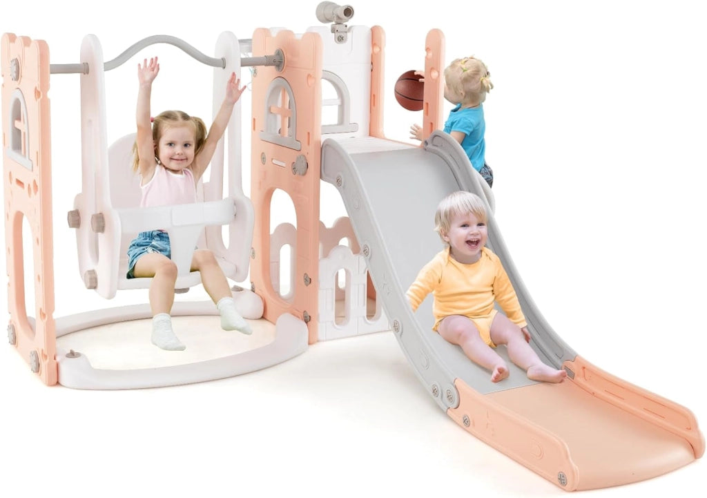 7 in 1 Parco Giochi per Bambini, Set di Scivolo e Altalena per Bambini con Canestro da Basket e Telescopio, 142 x 165 x 92 cm, 1-3 Anni (Rosa)