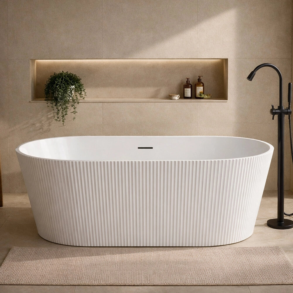 Vasca freestanding 170cm ovale con superficie cannettata in bianco lucido Venere