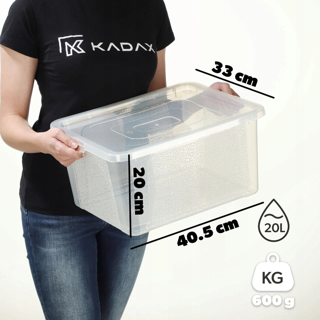 Contenitore in plastica KADAX da 20 litri con coperchio, trasparente e richiudibile, grande scatola