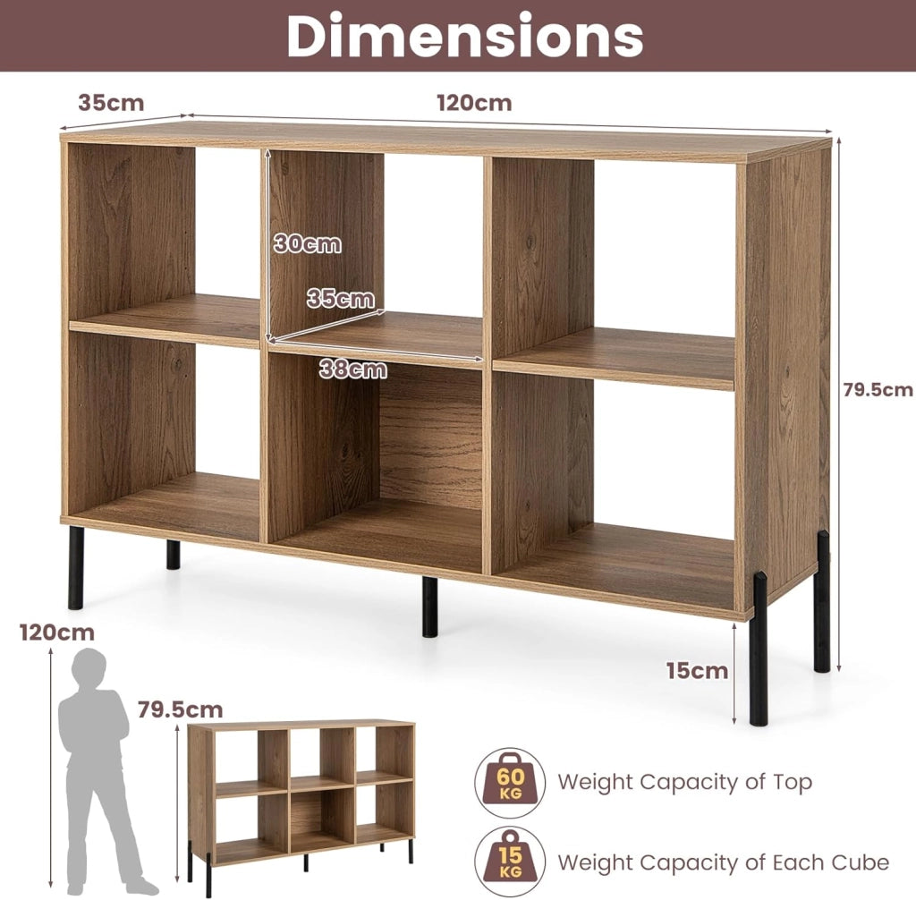 Libreria a 3 livelli, scaffale aperto in legno a 6 cubi con gambe in metallo, mobile indipendente con ripiano regolabile, per studio, soggiorno, ufficio a casa (naturale)