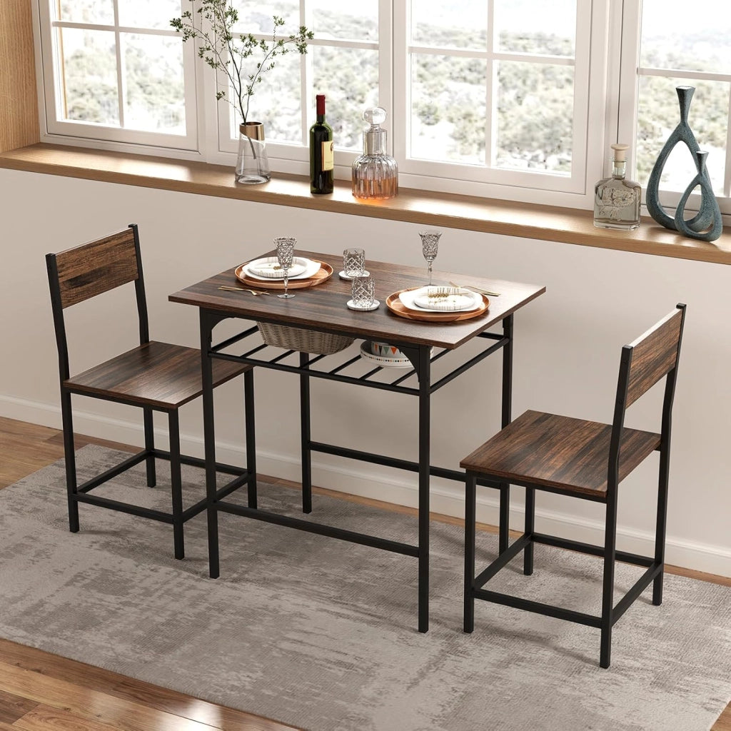 Set da pranzo 3 pezzi, tavolo da pranzo con ripiano per bottiglie e 2 sedie con schienale, design compatto, stile industriale, tavolo da colazione per 2 persone (marrone)