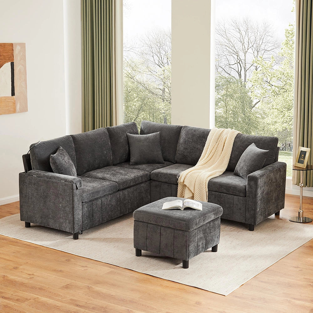 Divano angolare in chenille letto - Xylo - 205¡Á205¡Á85cm - Grigio - USB Type-C luce lettura tavolo