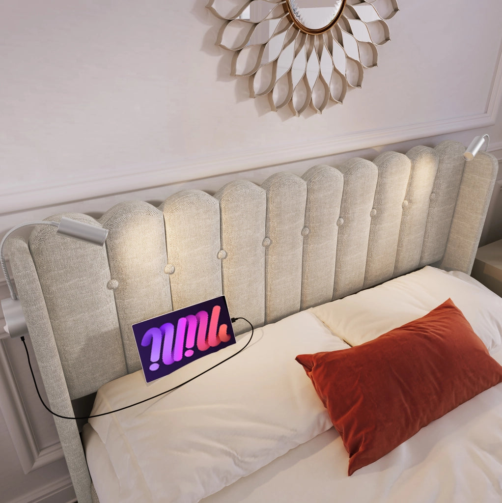 Letto matrimoniale con contenitore; luce da lettura e 2 USB 160x200 cm; naturale