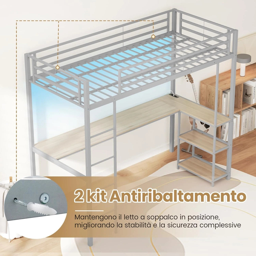 Letto a Soppalco 90 x 200 cm con Scrivania Sotto, Letto a Castello con Luce LED e Stazione di Ricarica, Letto Rialzato Struttura in Ferro con 2 Ripiani per Ragazzi e Ragazze (Argento)