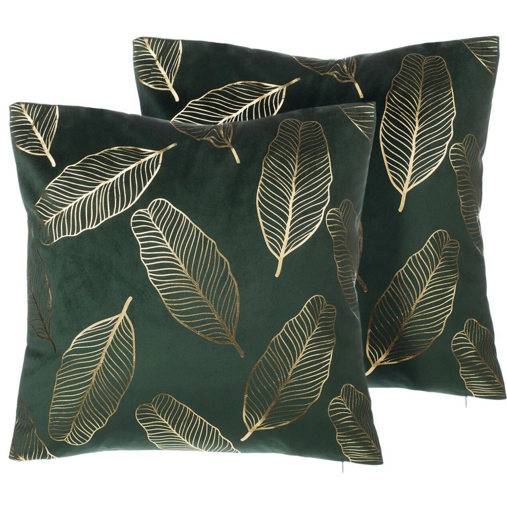 Set di 2 cuscini decorativi con motivo foglia di velluto verde 45 x 45 cm Accessori decorativi con stampa in lamina dorato
