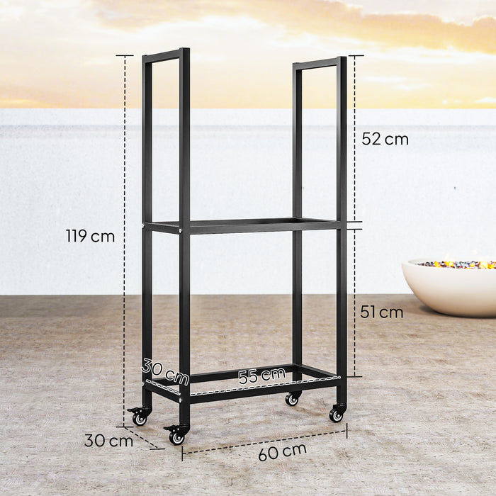 Portalegna da Esterno e Interno 60x30x119 cm a Due Livelli con Ruote in Acciaio Rinforzato Nero