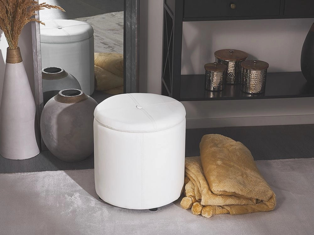 Pouf Bianco Ecopelle 40 x 38 cm con Sgabello Contenitivo Glamour
