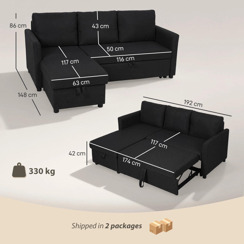 Divano Letto con Chaise Longue 192x148x86 cm con Vano Portaoggetti a Scomparsa Effetto Lino Grigio Antracite