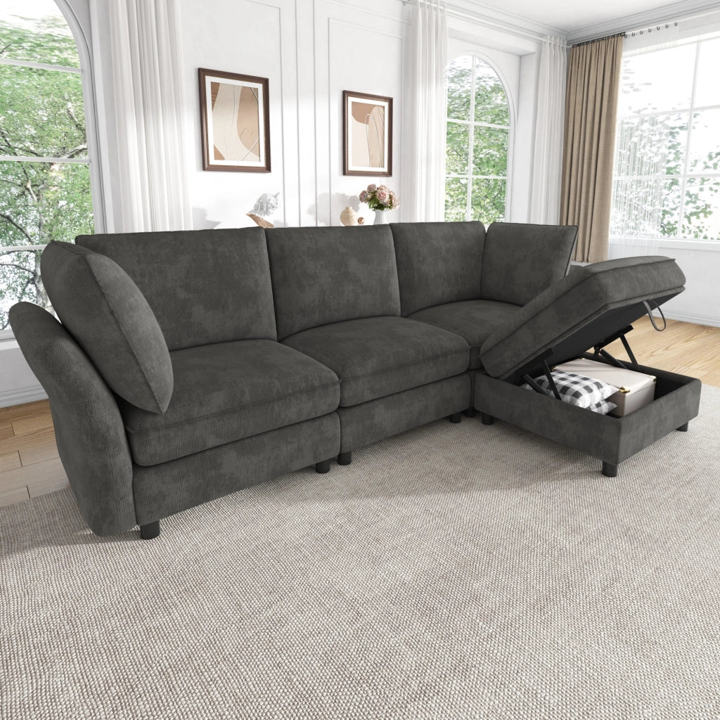 DIVANO Modulare L 225x137x84 cm Chenille Grigio con pouf e 2 cuscini