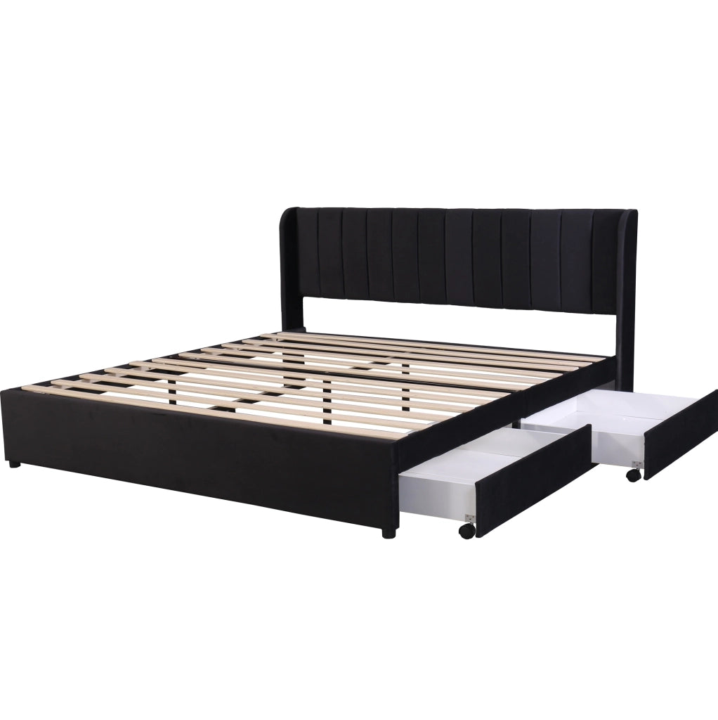 Letto matrimoniale 180x200 cm con rete a doghe e 2 cassetti; velluto nero