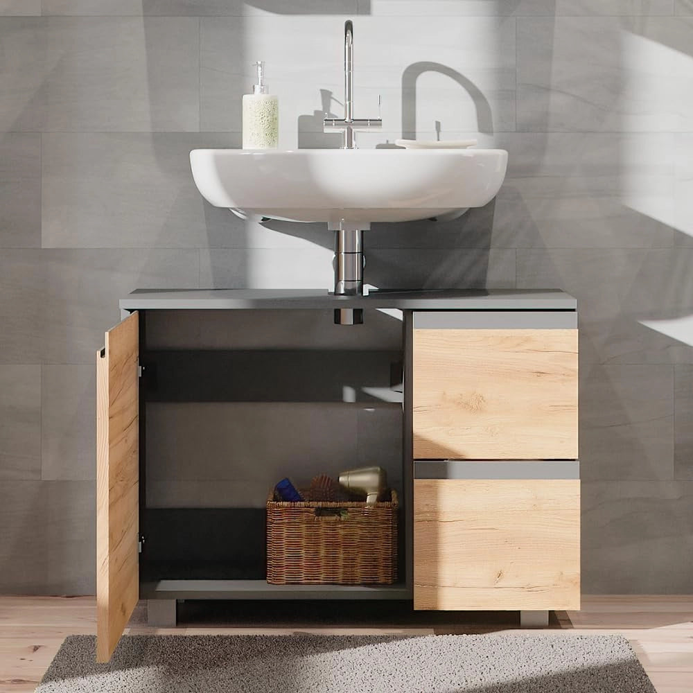 Mobile sottolavabo per bagno J-Shape, Sonoma, 80 x 60.8 cm, con intaglio per sifone per l’installazione sotto il lavandino