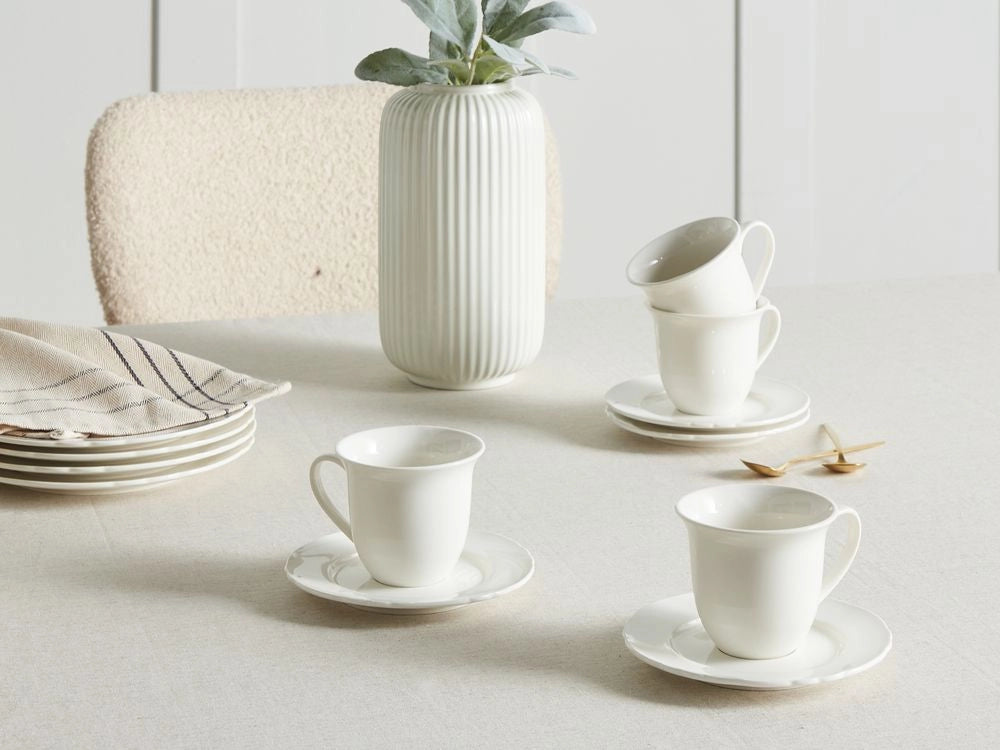 Set di 4 tazze con piattini per tè e caffè in porcellana con finitura lucida bianco Cucina Sala da pranzo