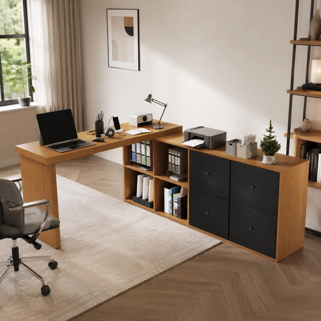 Scrivania angolare girevole 360° in MDF; con 8 scomparti; nero e rovere