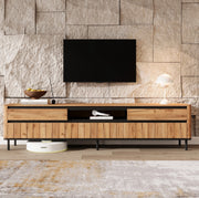 Mobile TV 180x40x52 cm con 2 cassetti; 2 ante a ribalta; MDF; nero e naturale