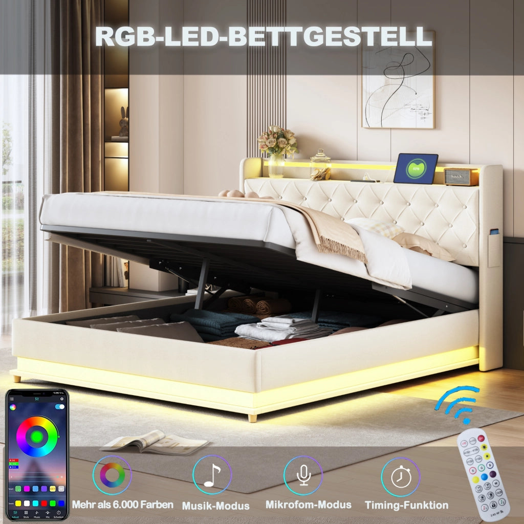 OKWISH Letto Contenitore 160×200 cm, Letto Matrimoniale con LED Multicolore, USB e Apertura Idraulica, senza Materasso, Beige