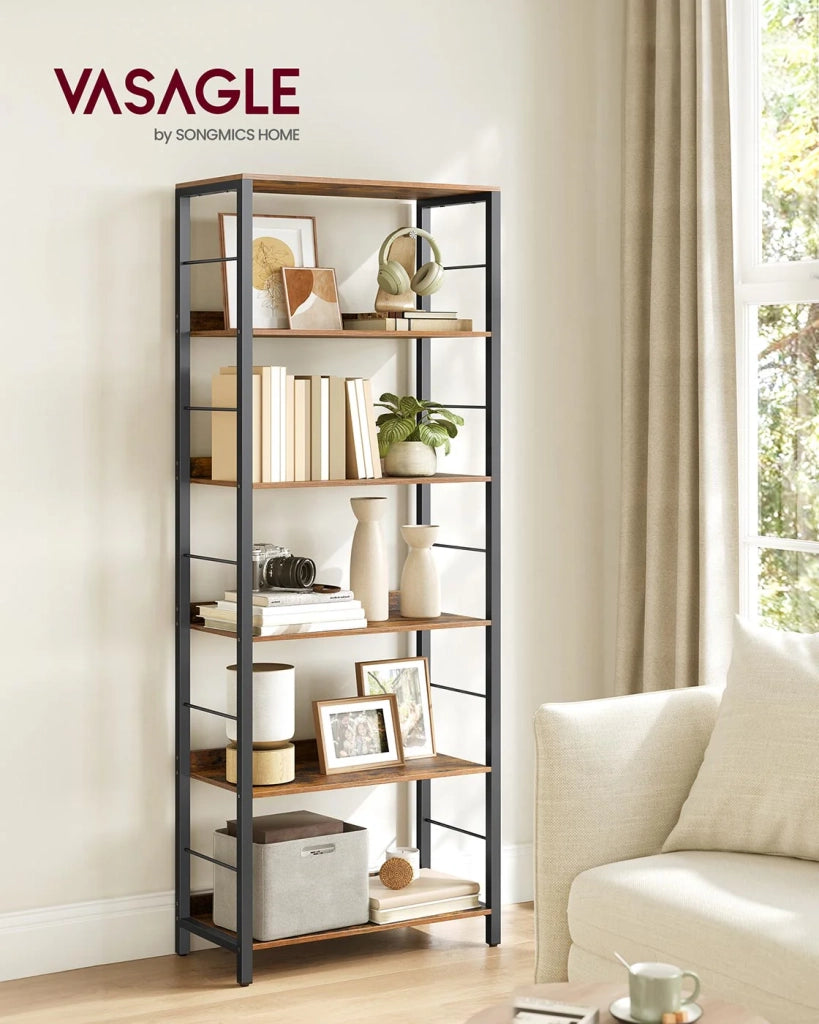 Libreria a 6 ripiani con pannelli posteriori in stile industriale per soggiorno studio ufficio marrone 12_0005806