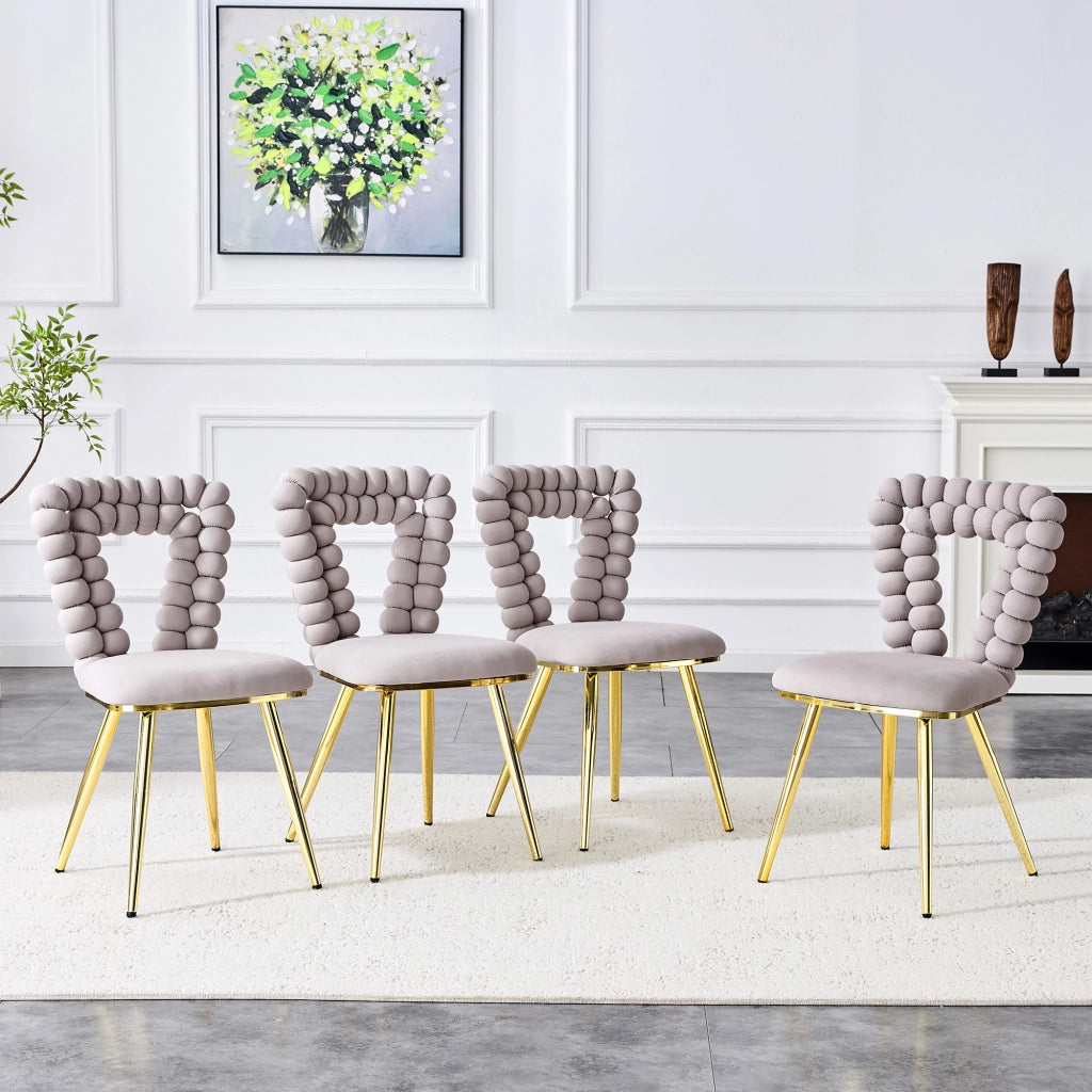Sedia da pranzo 2 pezzi con schienale geometrico e gambe metalliche in velluto grigio chiaro