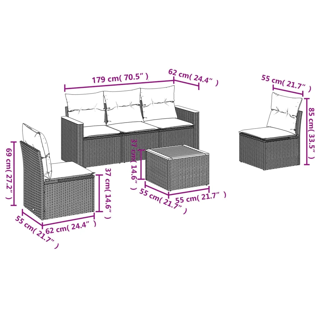 Set Divano da Giardino 6 pz con Cuscini Beige in Polyrattan