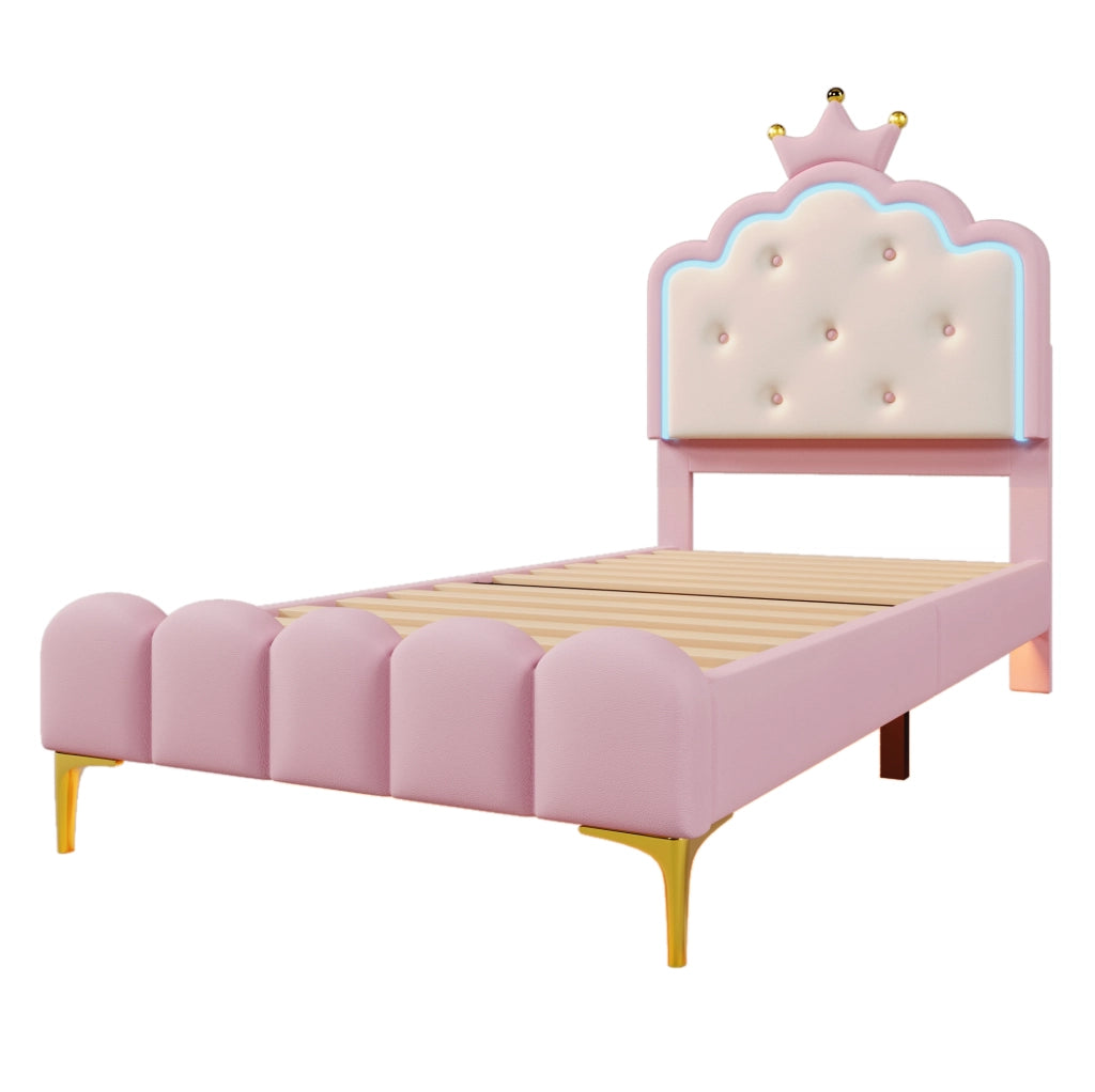 Letto singolo a corona 90x200 cm con luce LED; PU rosa