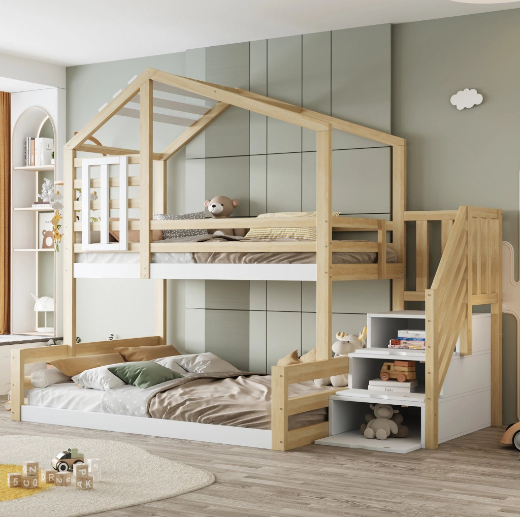 Letto a castello con scala contenitore e finestra 90x200/140x200 cm legno di pino e MDF naturale